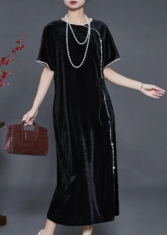 Crazy Savings Fine Black Nail Bead Silk Velvet Oriental Dresses Summer
