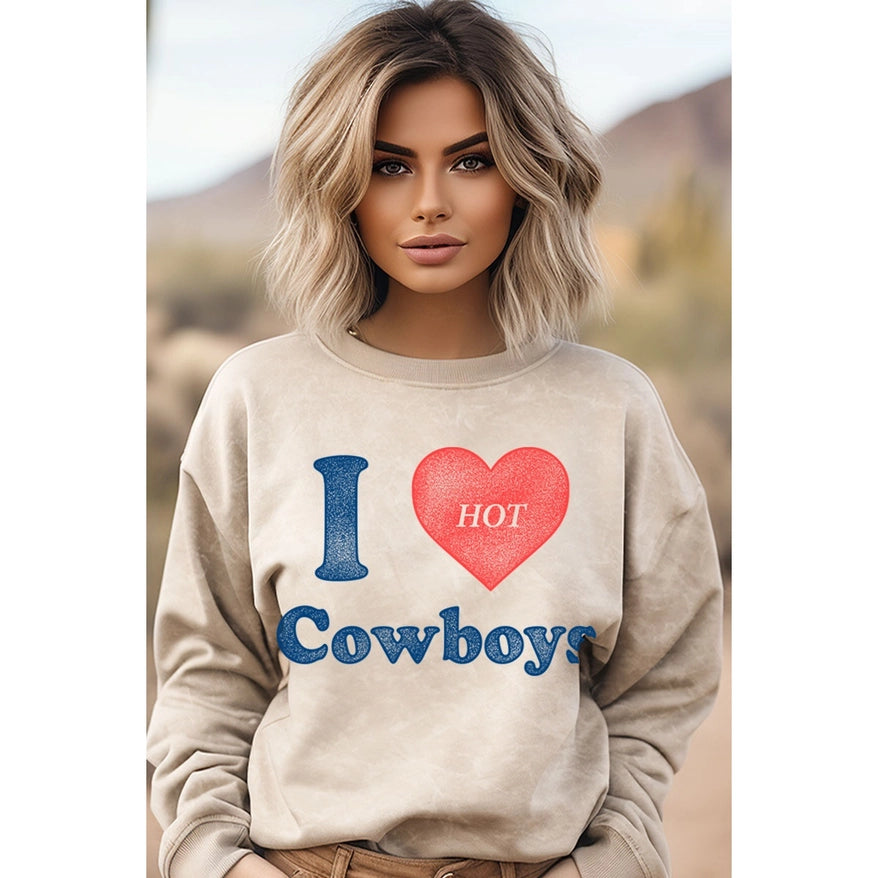 Women's "I ❤️ Hot Cowboys" Graphic Sweatshirt in Oatmeal