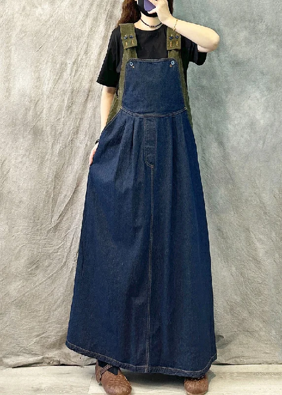 Limited Time Offer Loose Navy Patchwork Denim Dress With Straps Spring Summer