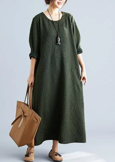 wrap-around dressWomen army green cotton dress o neck jacquard Robe fall Dresses