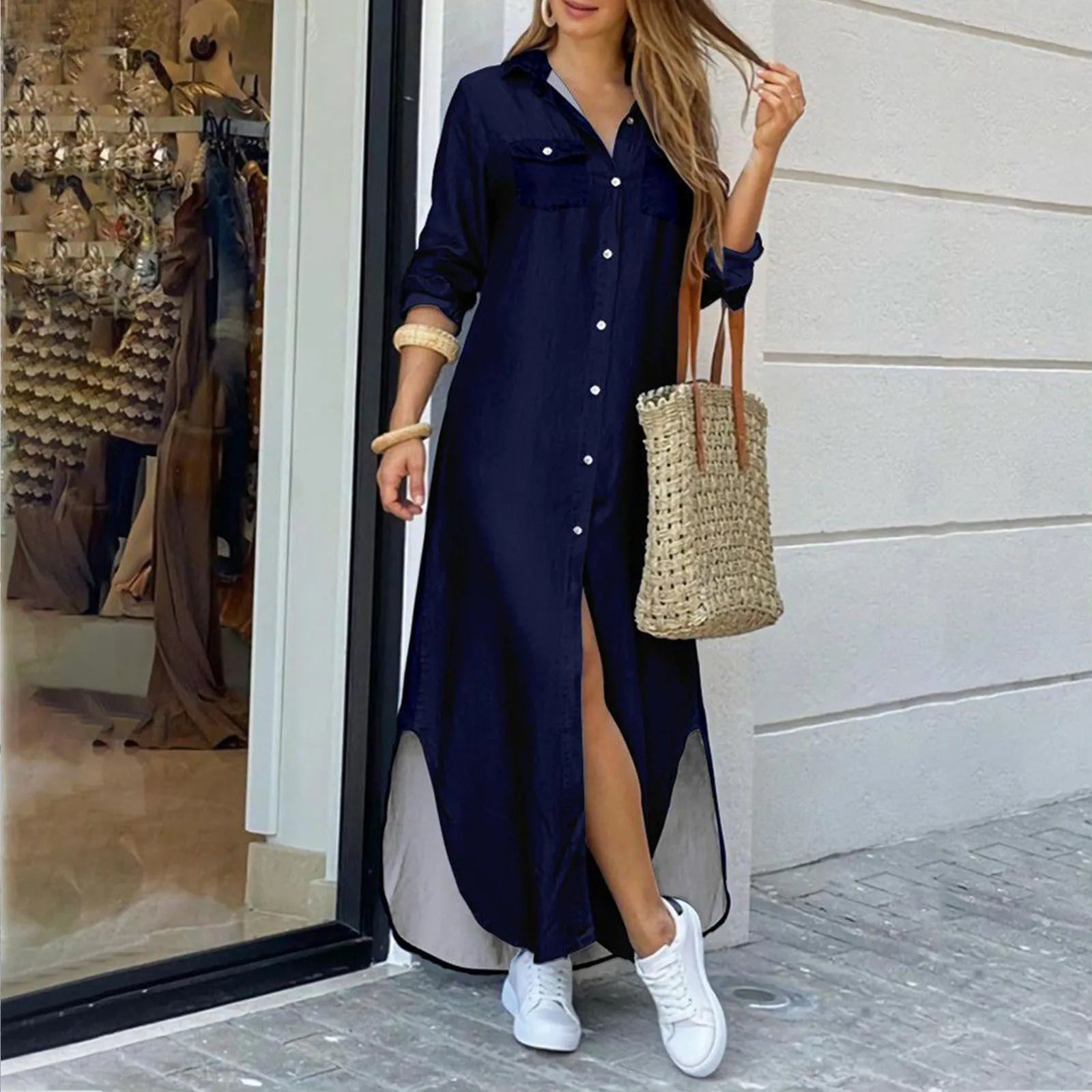 denim dressJuliaFashion - Women's Solid Long Maxi Shirt Fashion Lapel Buttons Casual Slit Spring Summer Streetwear Office Lady Long Dress