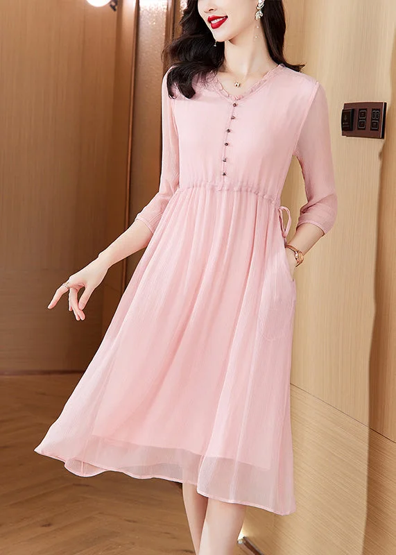 romantic dressStyle Pink V Neck Drawstring Chiffon Mid Dresses Summer