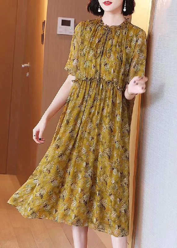 Factory Direct Sale Loose Yellow Ruffled Lace Up Print Silk Dress Summer
