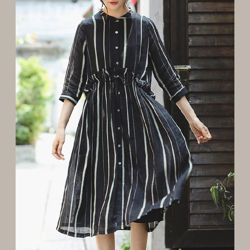 summer floral dressfashion black striped long linen dress trendy plus size o neck large hem linen clothing dresses women Three Quarter sleeve tie waist maxi dresses