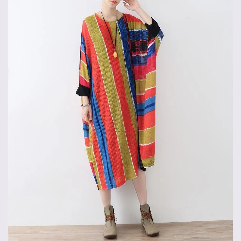 floral dressFine rainbow natural linen dress  oversize striped traveling dress Elegant asymmetrical kaftans