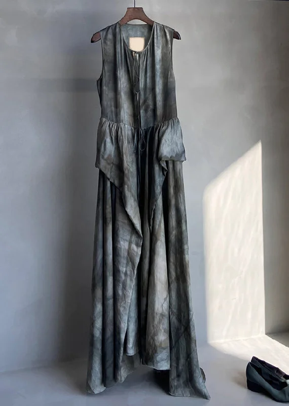 Low Prices French Grey Lace Up Patchwork Linen Dress Sleeveless