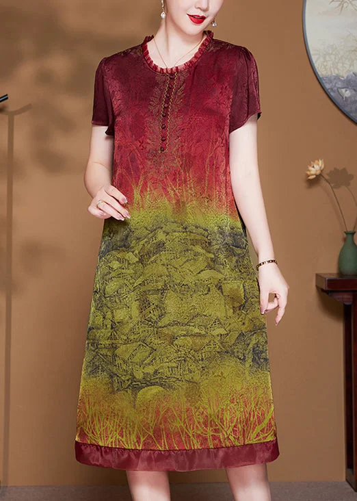 While Supplies Last Red Print Pockets Silk Dress O-Neck Short Sleeve