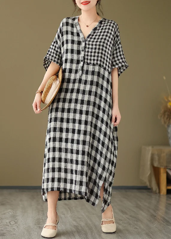 chic dressSimple V Neck Plaid Patchwork Side Open Linen Maxi Dress Short Sleeve