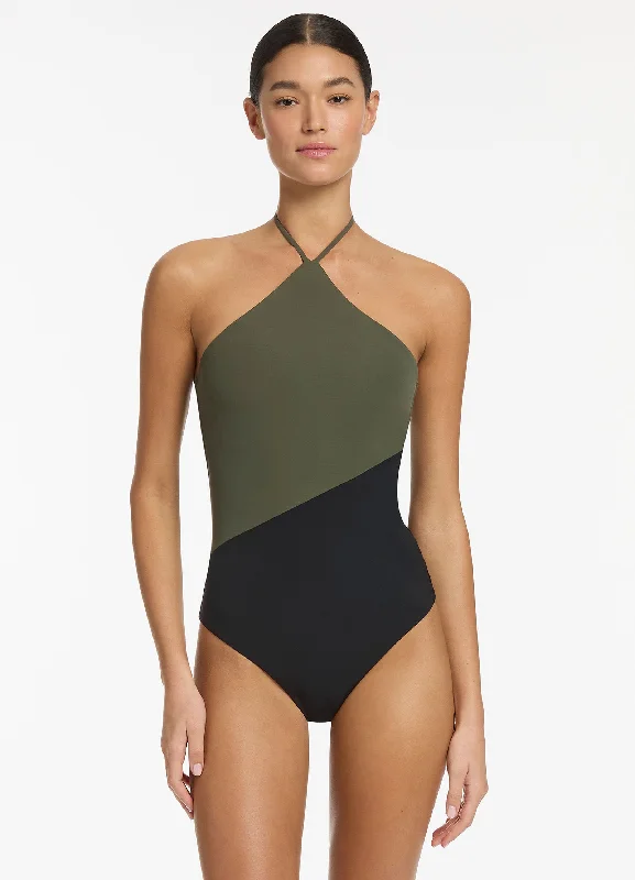 Great Deals Versa High Neck Halter One Piece - Olive/Black