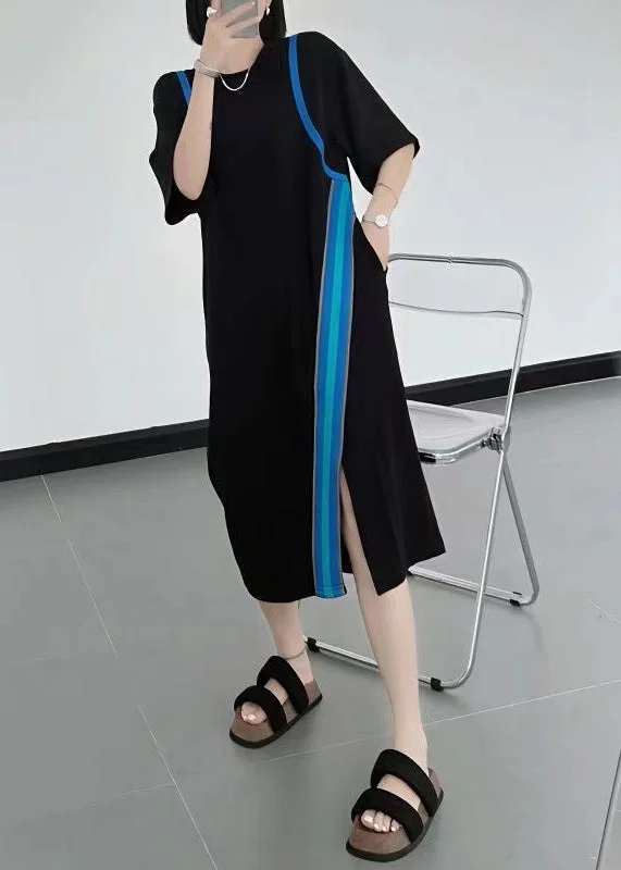 Deep Discounts Natural Black O-Neck Asymmetrical Patchwork Cotton Dresses Summer