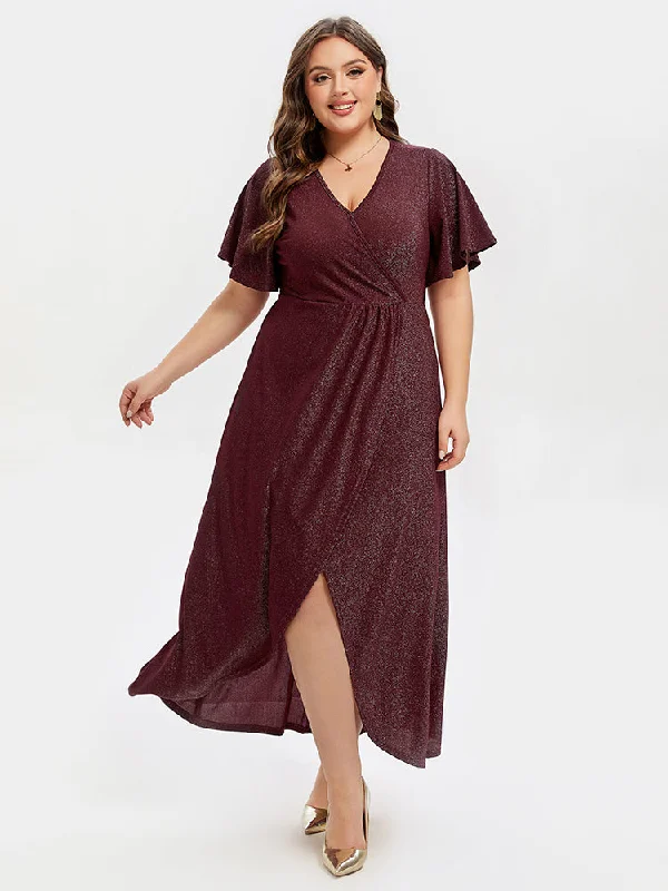 layered dressV-Neck Ruffle Sleeve Split Glitter Maxi Dress