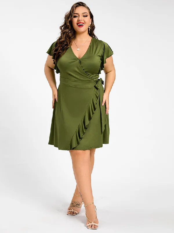 velvet dressPlus Green V-Neck Flutter Sleeve Tie Side Ruched Dress