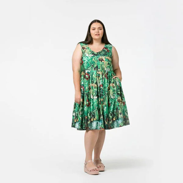 lace-up dressAudrey II Vee Sleeveless plus size dress with pockets in a carnivorous plants print available up to size 36