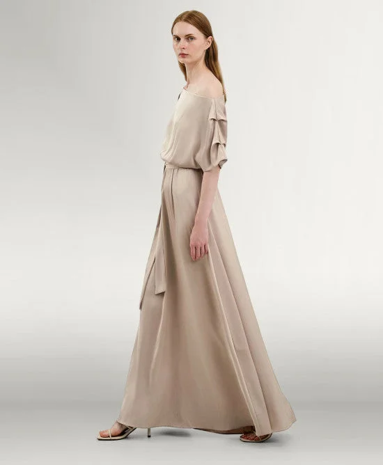 satin midi dressAccess Fashion Sand Satin Dress With Asymmetric Sleeves