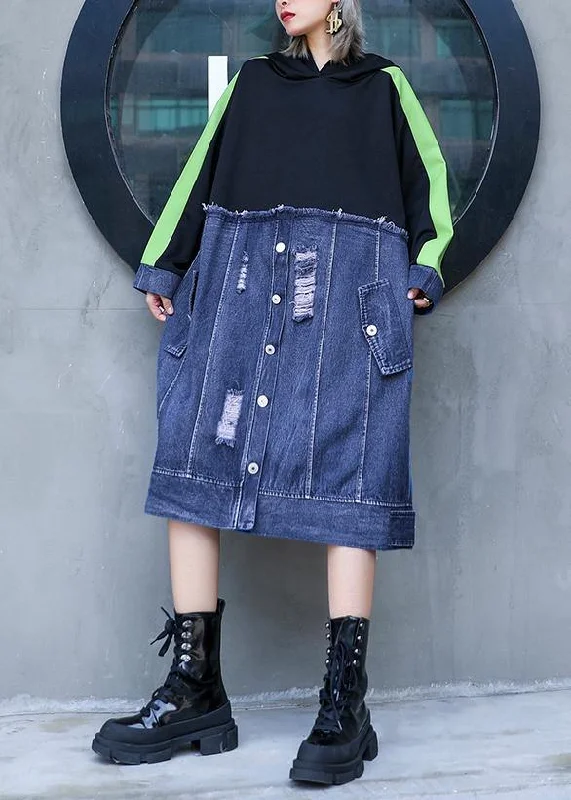 lace-up dressStyle black patchwork denim blue outfit hooded Hole shift Dresses