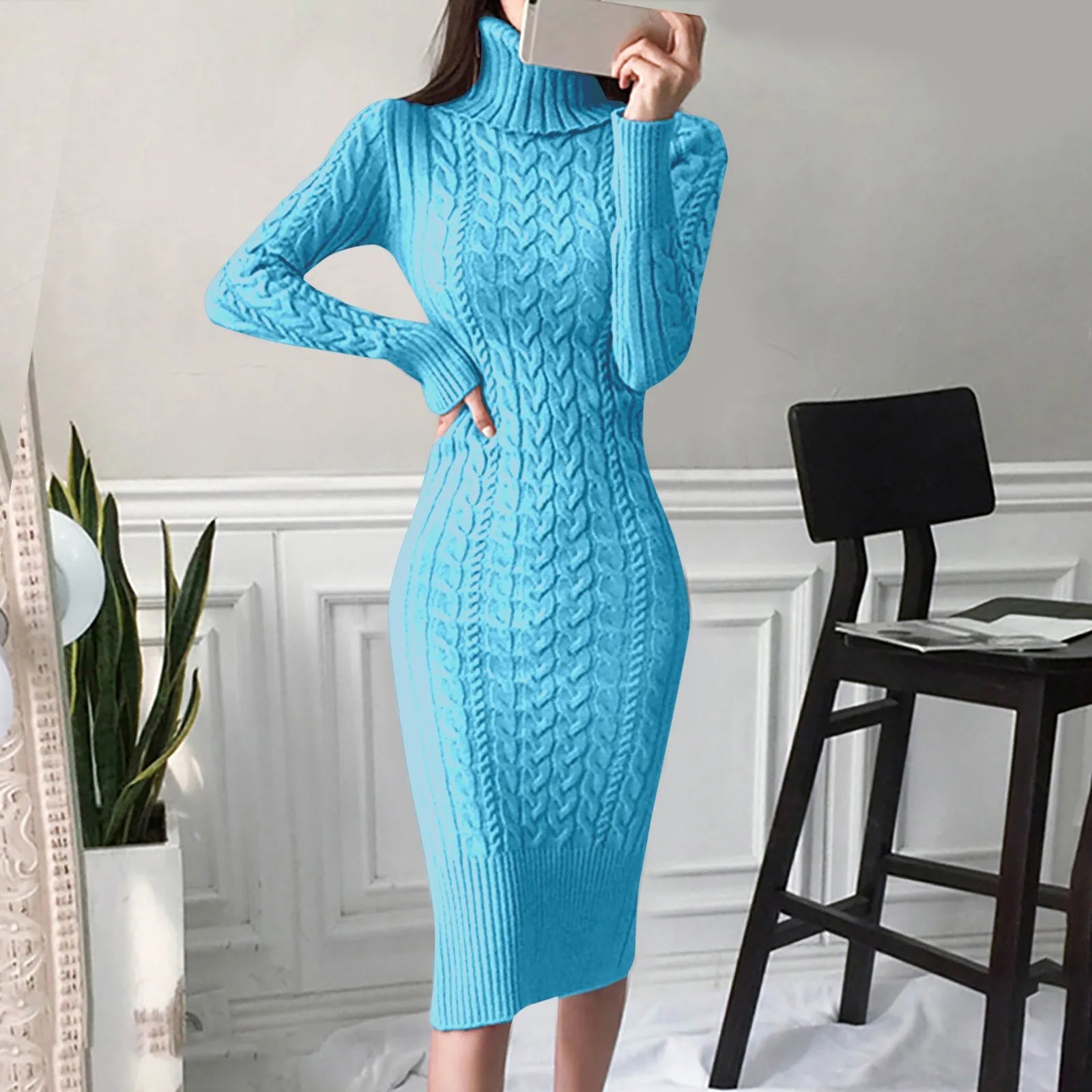 winter dressJuliaFashion - Knitted Turtleneck Long Sleeve Sweater Elegant Autumn Winter Slim Bodycon Mid-Length Warm Casual Female Dress