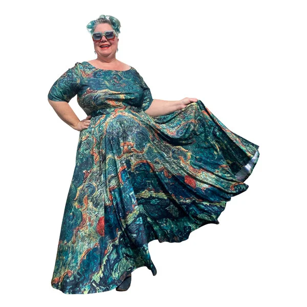 off-shoulder dressArt Series: Cottages & Cypresses Maxi Dress Plus Size with Fitted Bodice, Sleeves and Voluminous Circle Skirt