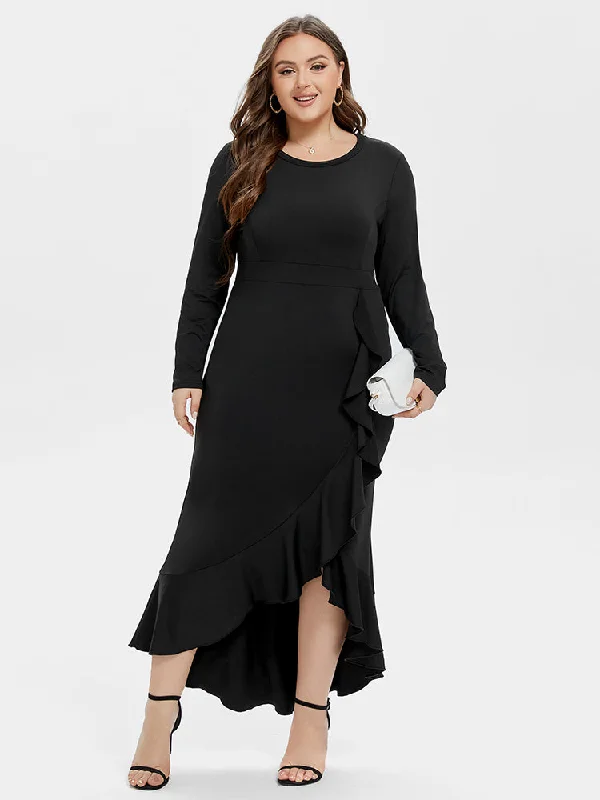 backless dressRuffle Trim Asymmetrical Hem Maxi Dress