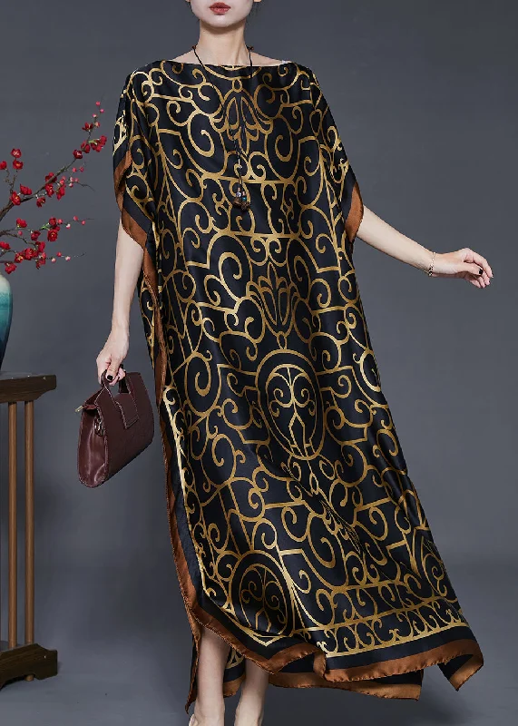 Markdowns French Black Oversized Print Silk Beach Dress Summer