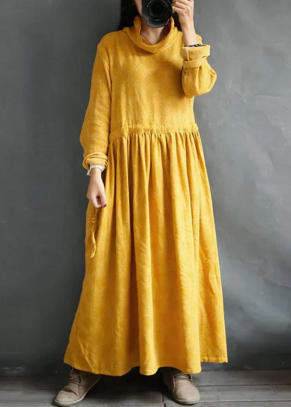 puff sleeve dressLoose cotton linen clothes Plus Size Cotton Linen Turtleneck Solid Retro Dress