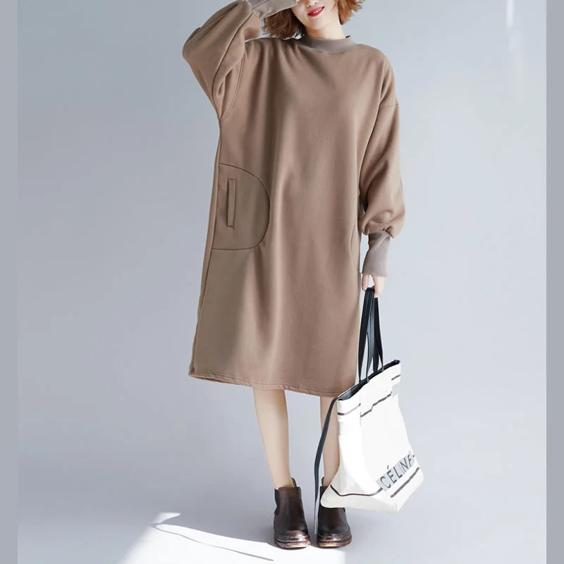 long sleeve dressstylish khaki spring cotton dress Omychic warm long sleeve thick holiday dresses o neck cotton clothing dresses