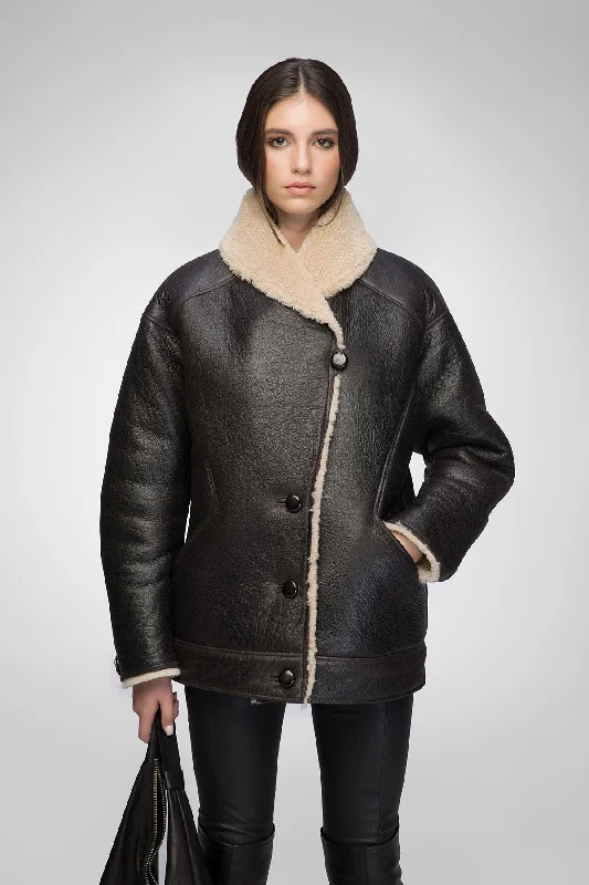 long-sleeve winter jacketNila - Brown Beige Shearling Coat