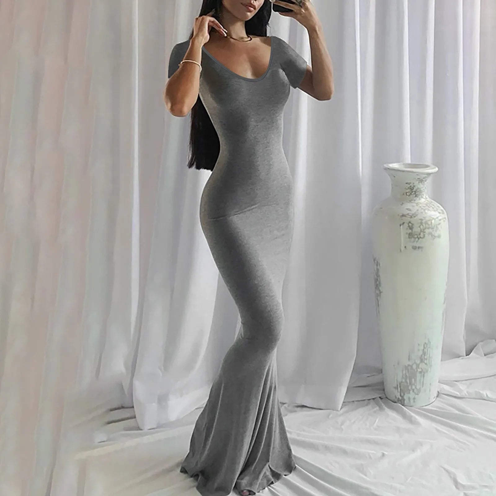 wrap dressJuliaFashion - Fashion Sexy Skinny V-Neck Mermaid Tail Bodycon Maxi Women Party Elegant Backless Evening Long Female Robe Dress