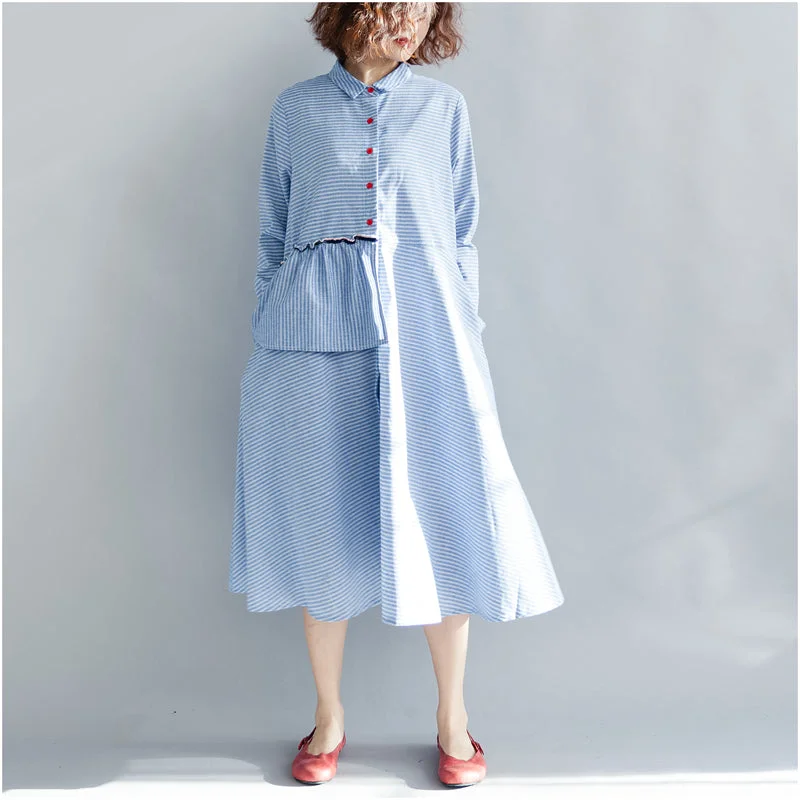 off-the-shoulder dressWomen Striped Cotton Linen Dresses New 2024 Spring Loose Patchwork Ruffles Turn-down Collar Long Dresses