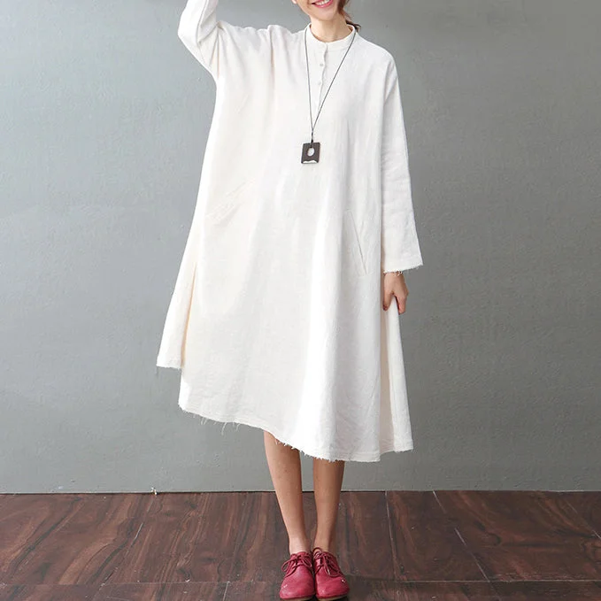 sleek midi dressvintage white cotton linen caftans oversized Stand baggy dresses cotton linen clothing dress boutique long sleeve pockets maxi dresses