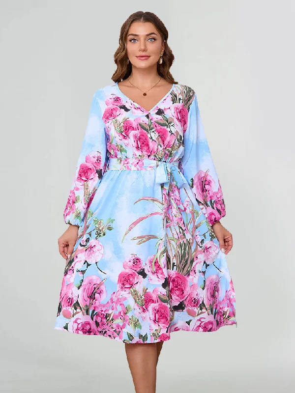 comfy dressPlus Blue Floral Print Chiffon V-Neck Long Sleeve Belted A-Line Midi Dress