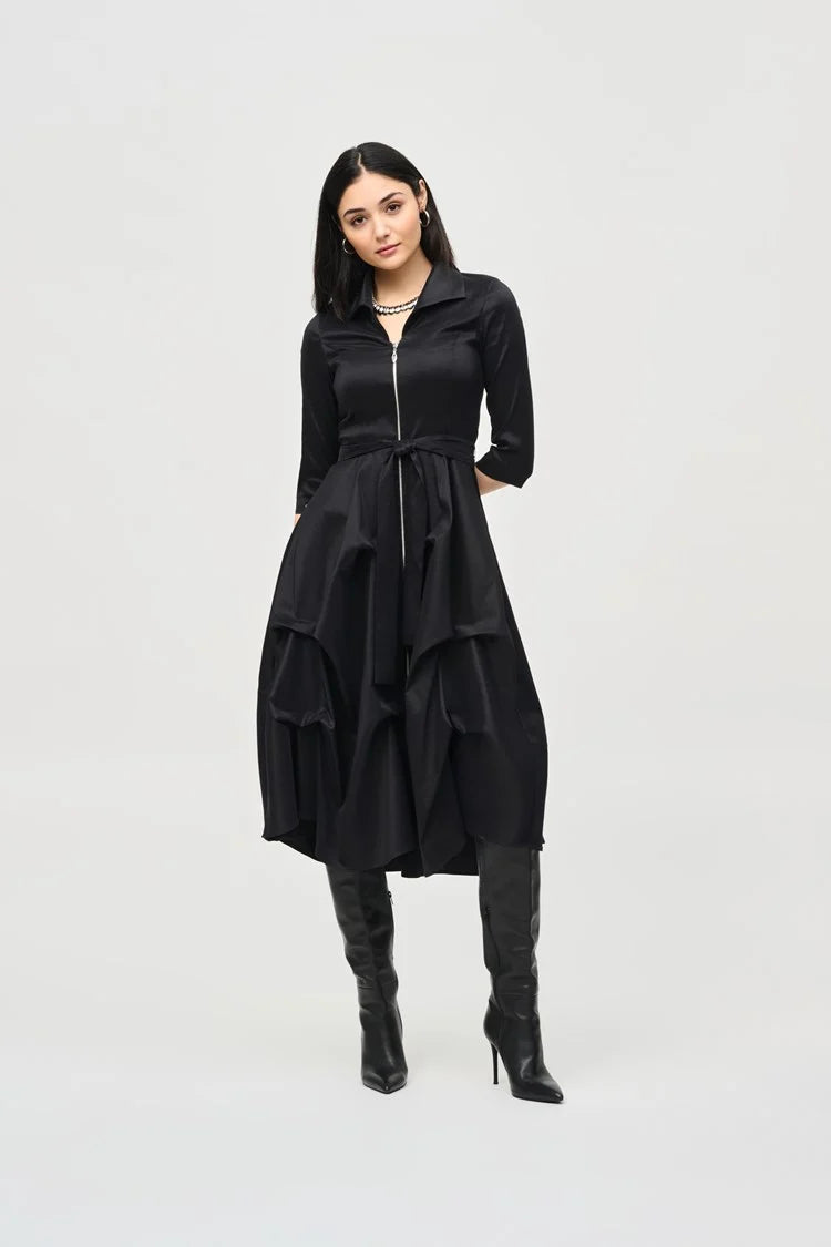 tiered dressJoseph Ribkoff Black Stretch Taffeta Dress With Waist Sash