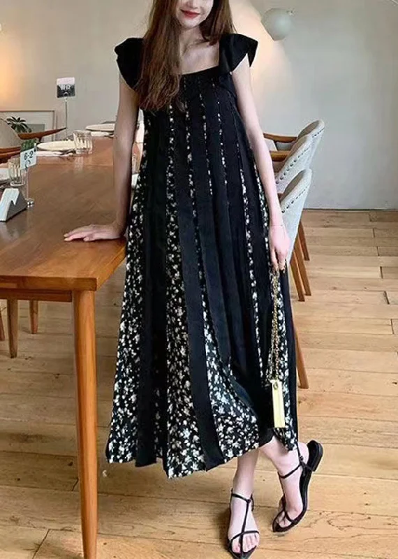 Holiday Sale Fashion Black Print Wrinkled Patchwork Cotton Dresses Summer