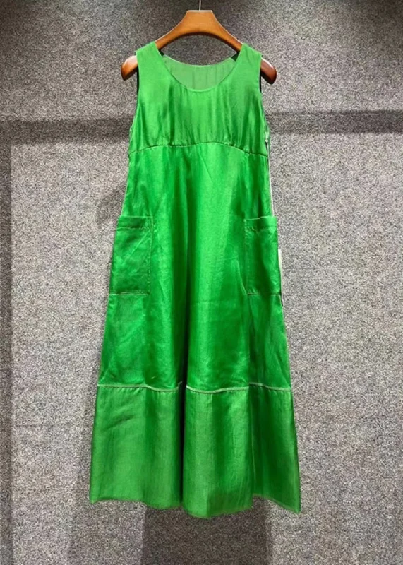 Super Deal Art Green O Neck Pockets Patchwork Silk Dresses Sleeveless