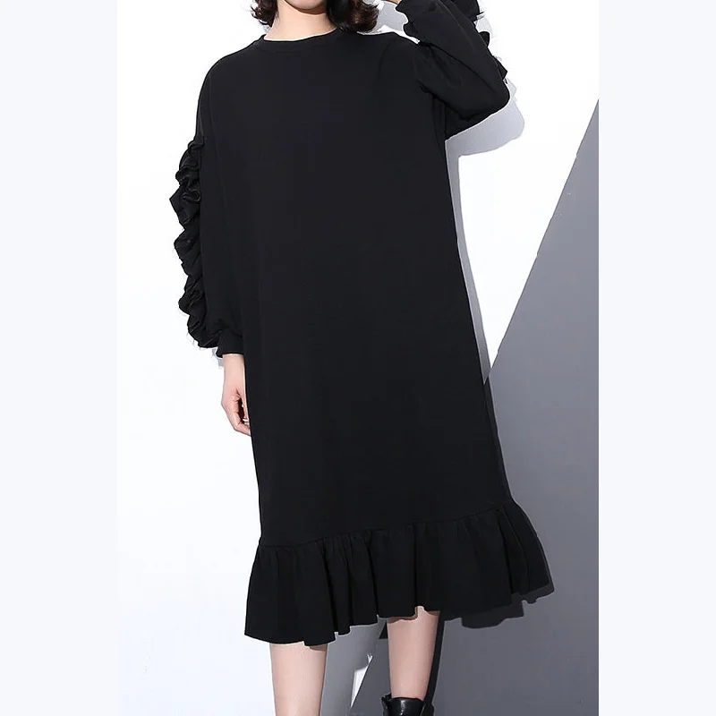 winter dressboutique black autumn cotton dress trendy plus size O neck cotton clothing dress 2018 long sleeve Cinched maxi dresses