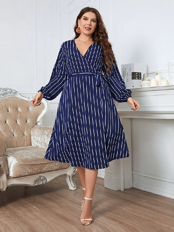 classic fit-and-flare dressPlus Blue Striped Crisscross Wrap Midi Dress