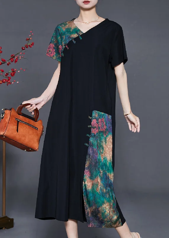 Special Promotion Black Patchwork Silk Dress V Neck Chinese Button Summer