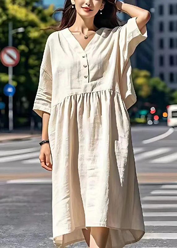 trendy dressWomen Beige V Neck Wrinkled Patchwork Linen Dresses Summer