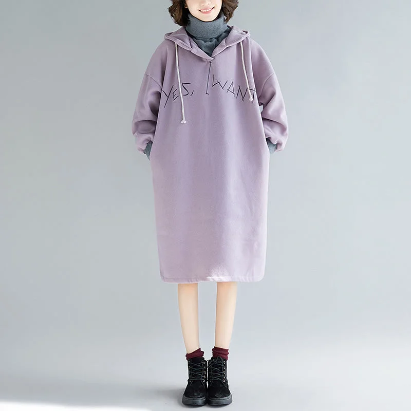 ruched dressfine purple long sleeve cotton dress plus size false two pieces spring dress hooded dresses