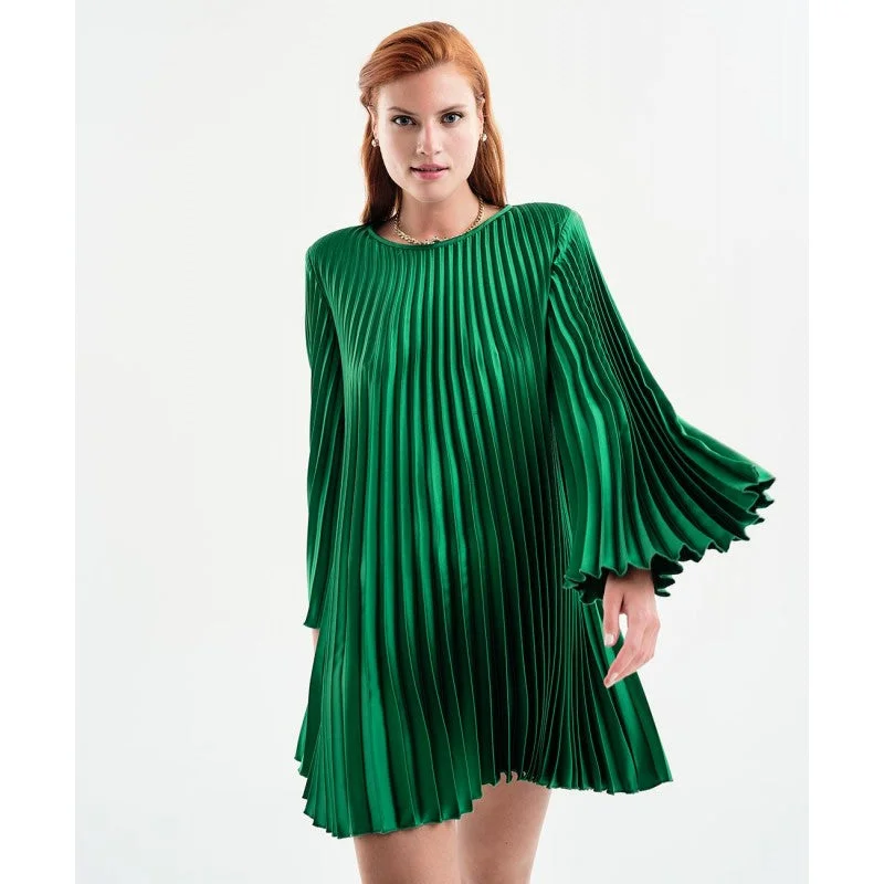 Midnight Madness Access Fashion Green Long Sleeve Pleated Mini Dress