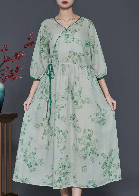 sleek midi dressBoho Green Print Linen Long Dress Bracelet Sleeve