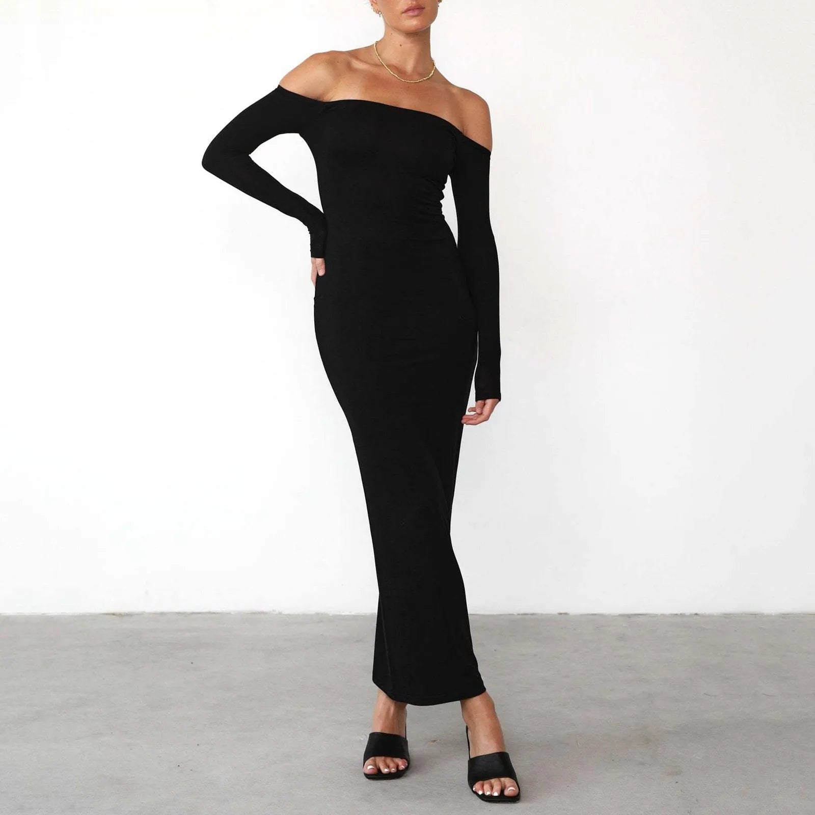 casual shift dressJuliaFashion - Spring Autumn Women Solid Black Off Shoulder Maxi 2024 New Elegant Slash Neck Long Sleeve Bodycon Slim Dress