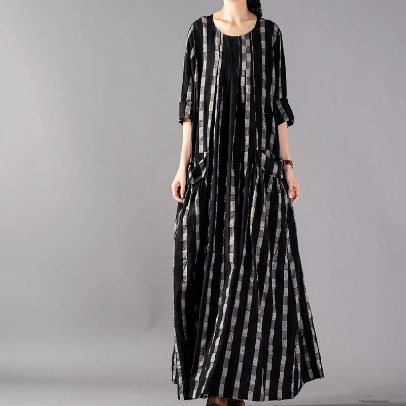 midi dressNew black Plaid plus size clothing o neck baggy fall dresses 2018 pockets maxi dresses