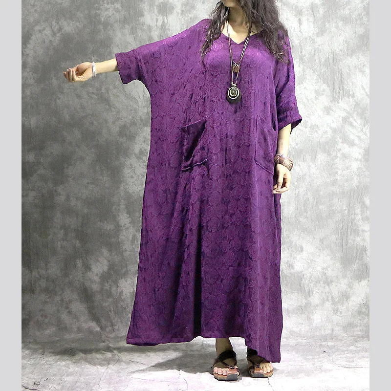 stylish dressbaggy purple linen dresses casual v neck baggy gown boutique pockets Jacquard autumn dress