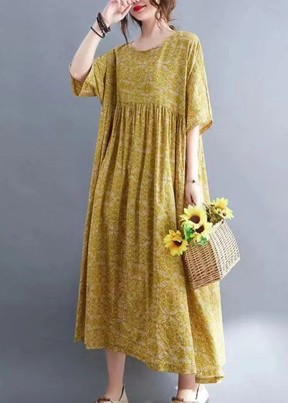 boho dressClassy Yellow Patchwork Wrinkled Maxi Dress Half Sleeve