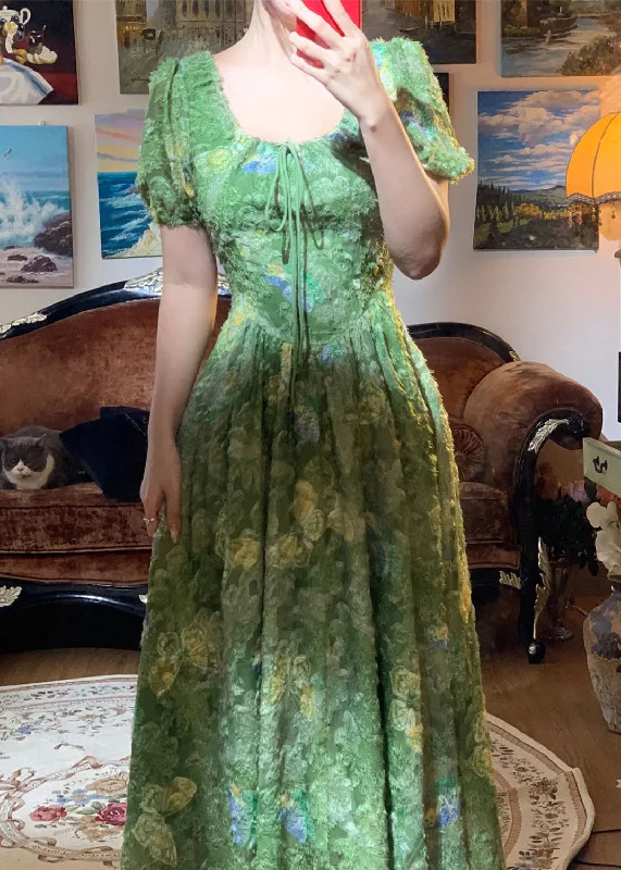 Act Fast French Green Square Collar Butterfly Print Dresses Summer