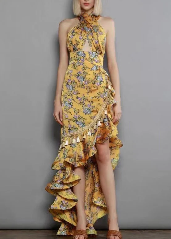 Warehouse Sale Irregular European and American Ruffled Edge Print Hanging Neck Backless Dress