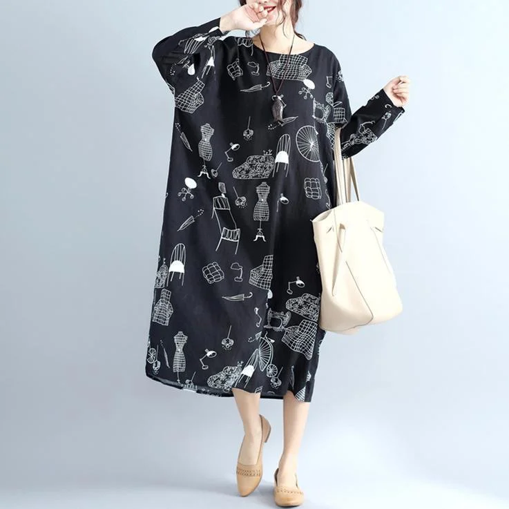 chic wrap dressBeautiful baggy cotton quilting dresses Boho Sewing black print Robe Dresses