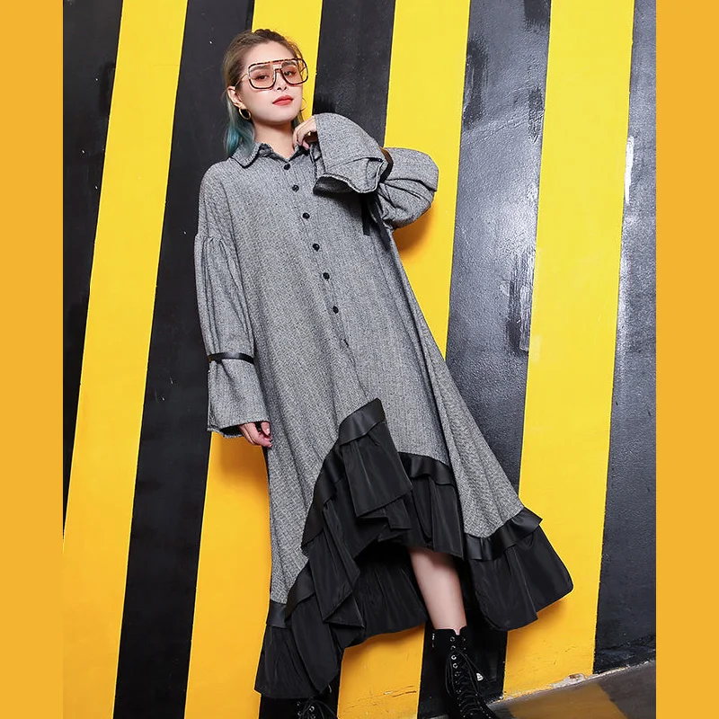 casual slip dressbaggy gray lapel patchwork traveling clothing Fine large hem baggy dresses