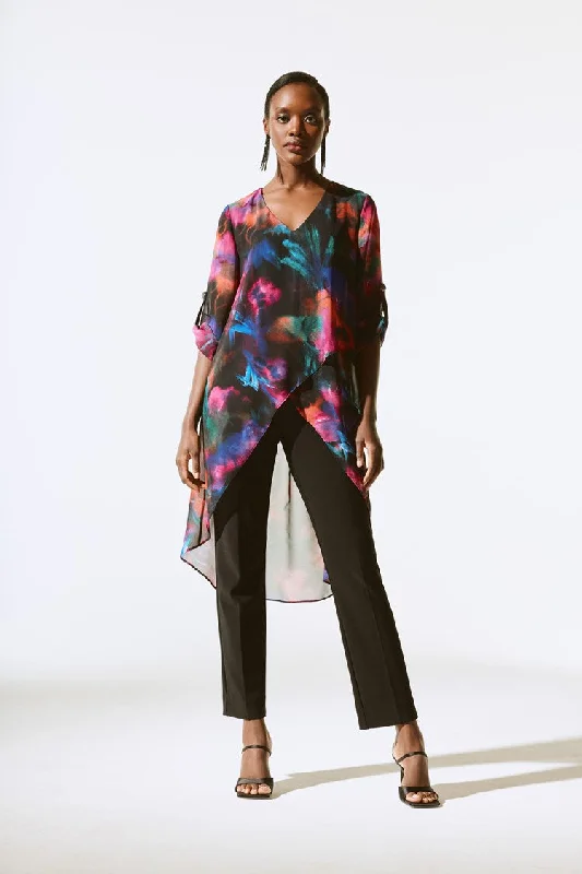 Super Bargain Joseph Ribkoff Black/Multi Floral Print Chiffon High-Low Tunic