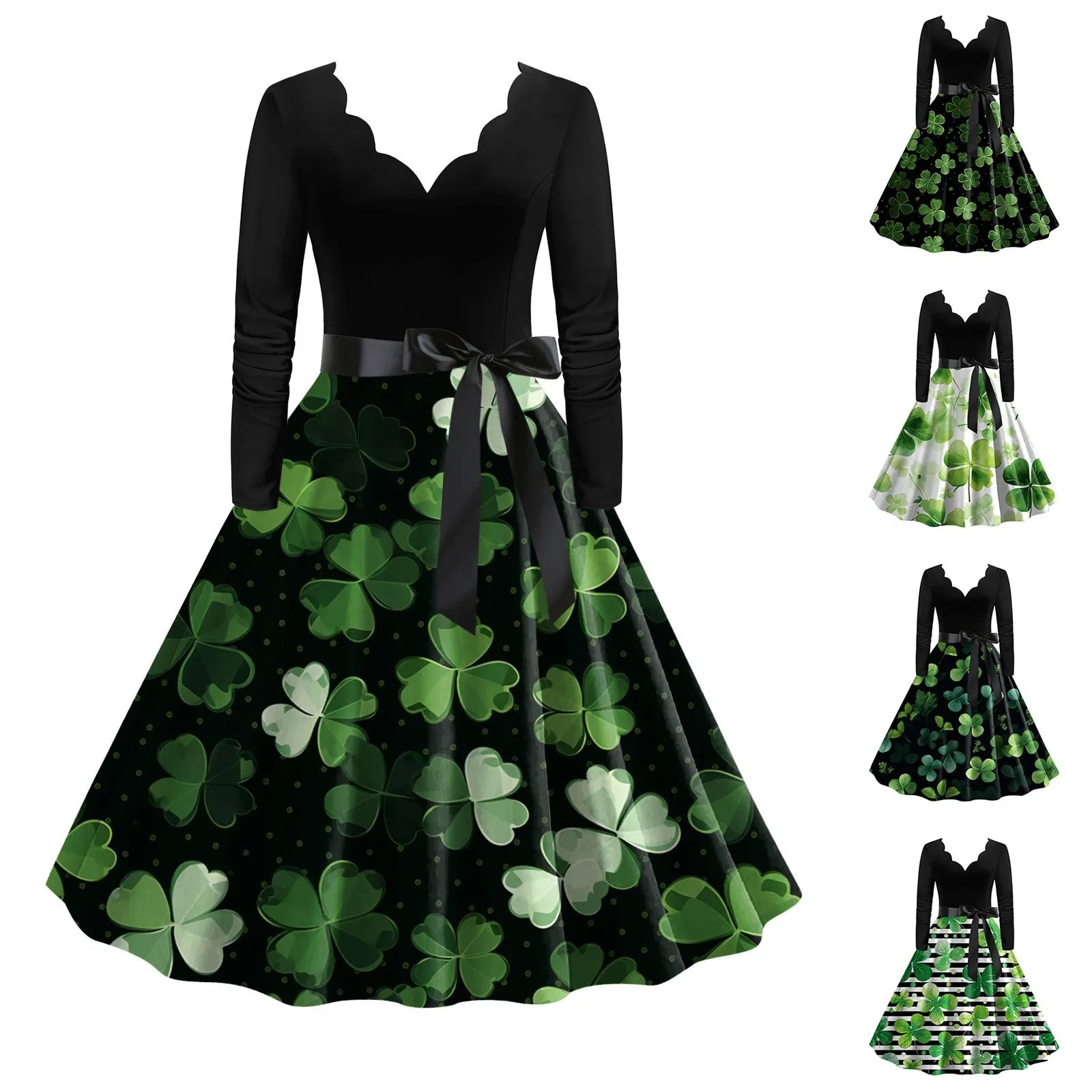 classic fit-and-flare dressJuliaFashion - St. Patrick's Day Party For Women 2024 New Belted V Neck Long Sleeve Four Leaf Straw Print Vintage Swing A Line Dress